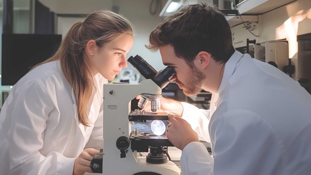 Two healthcare professionals reviewing genetic samples for a psychogenomic test at the lab