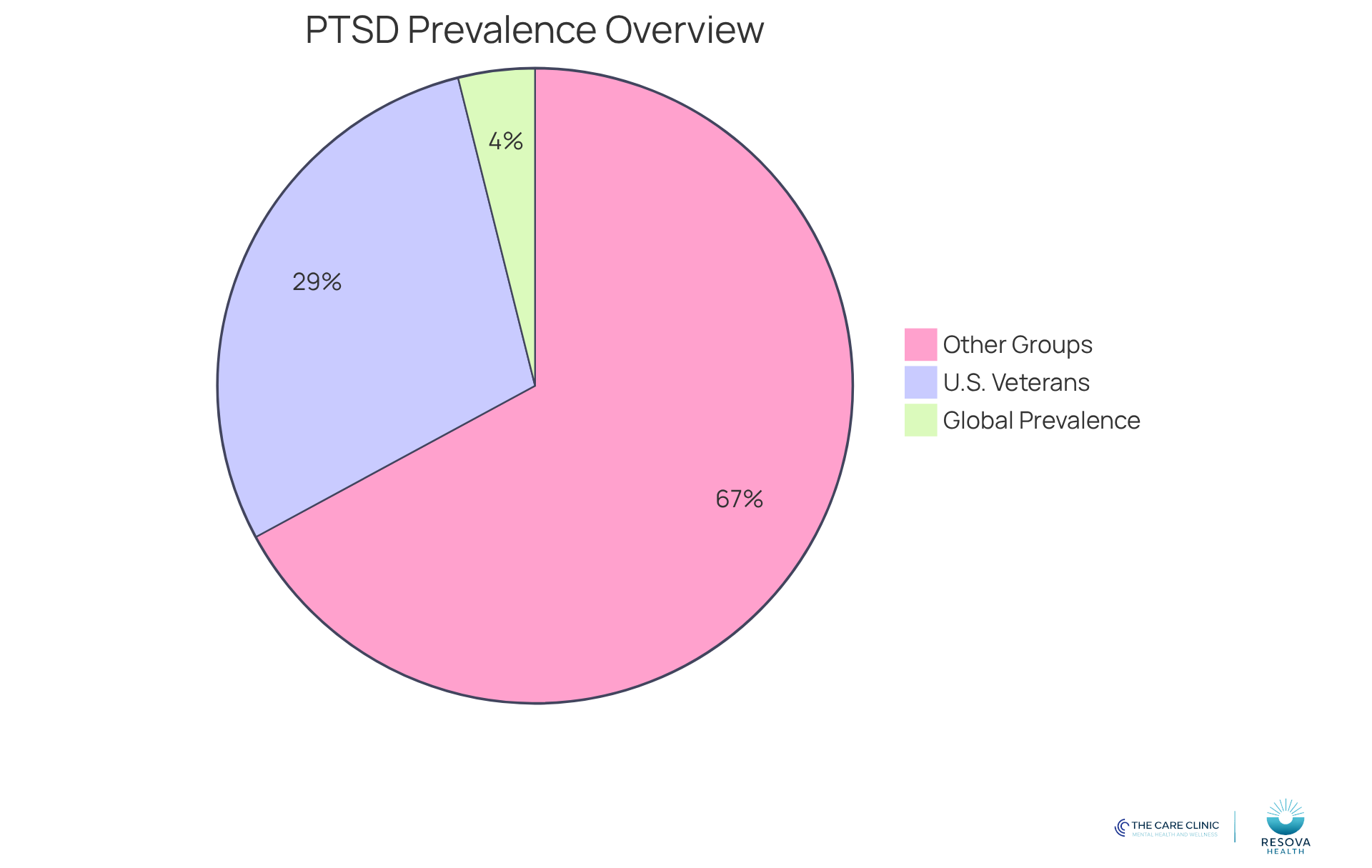 Each segment of the pie chart shows the percentage of people affected by PTSD. The larger the segment, the more individuals are impacted. The blue segment represents the global prevalence, the green segment shows the percentage of U.S. veterans, and the orange segment highlights other affected groups. Each segment of the pie chart shows the percentage of people affected by PTSD. The larger the segment, the more individuals are impacted. The blue segment represents the global prevalence, the green segment shows the percentage of U.S. veterans, and the orange segment highlights other affected groups.