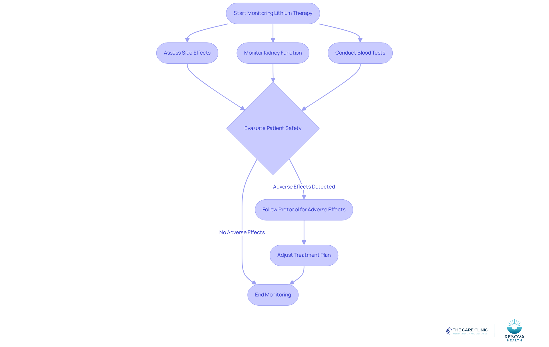 This flowchart outlines the steps healthcare professionals should follow when monitoring patients on lithium therapy. Each step is crucial for ensuring patient safety and effective treatment.