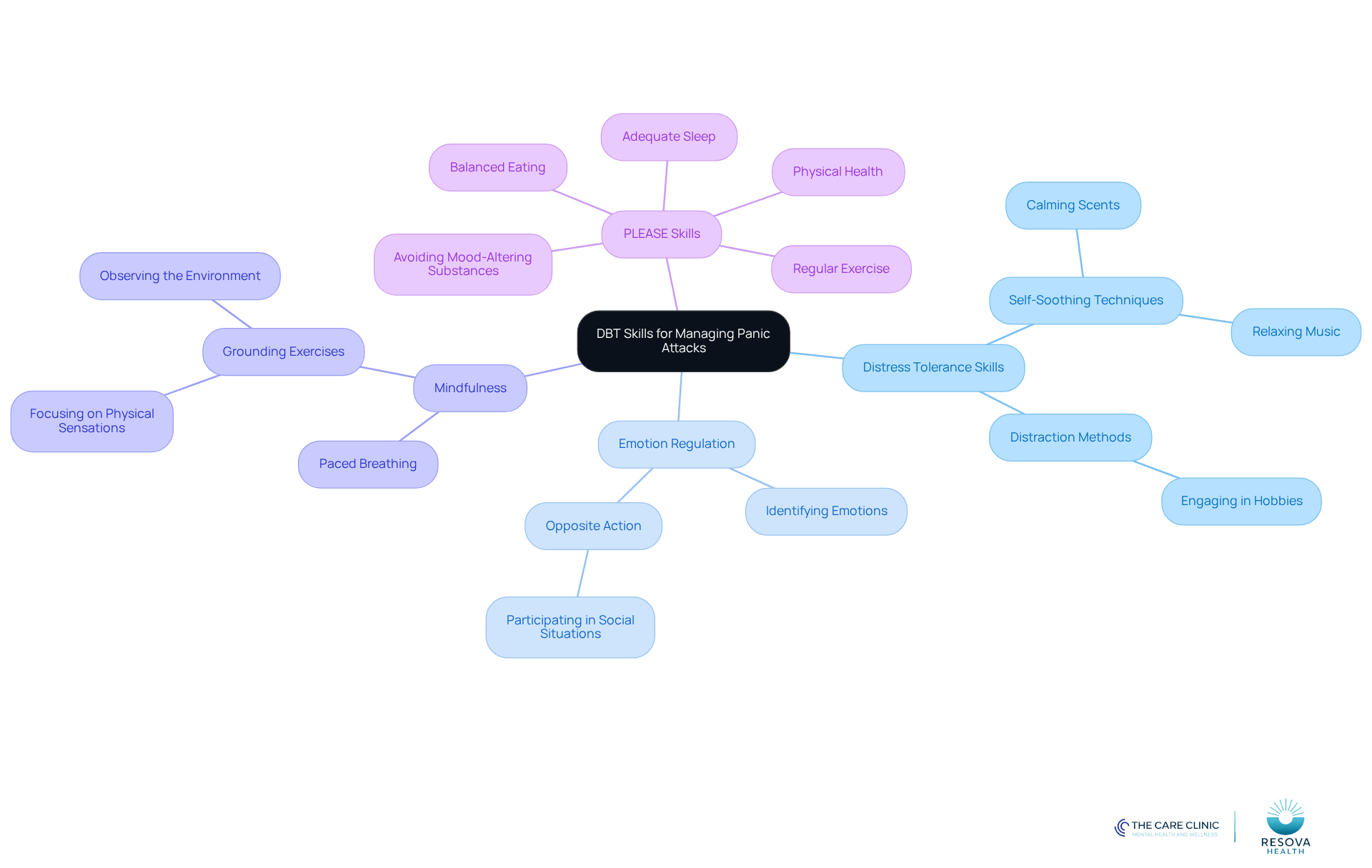 The center represents the overall approach to managing panic attacks, while the branches show different skills and techniques. Each color-coded branch helps you quickly identify the type of skill and its related methods. The center represents the overall approach to managing panic attacks, while the branches show different skills and techniques. Each color-coded branch helps you quickly identify the type of skill and its related methods.