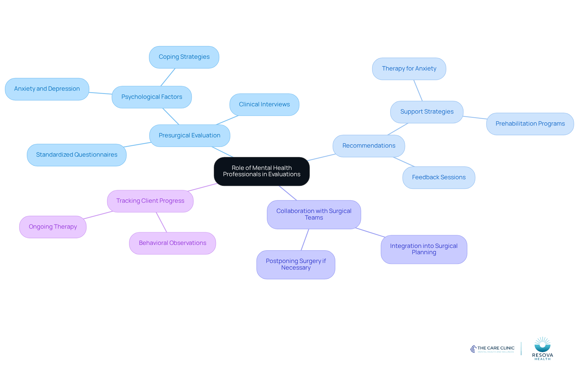 The central node represents the overall role of mental health professionals, while the branches show different aspects of their involvement in the presurgical process. Each sub-branch provides more detail on specific responsibilities and strategies.