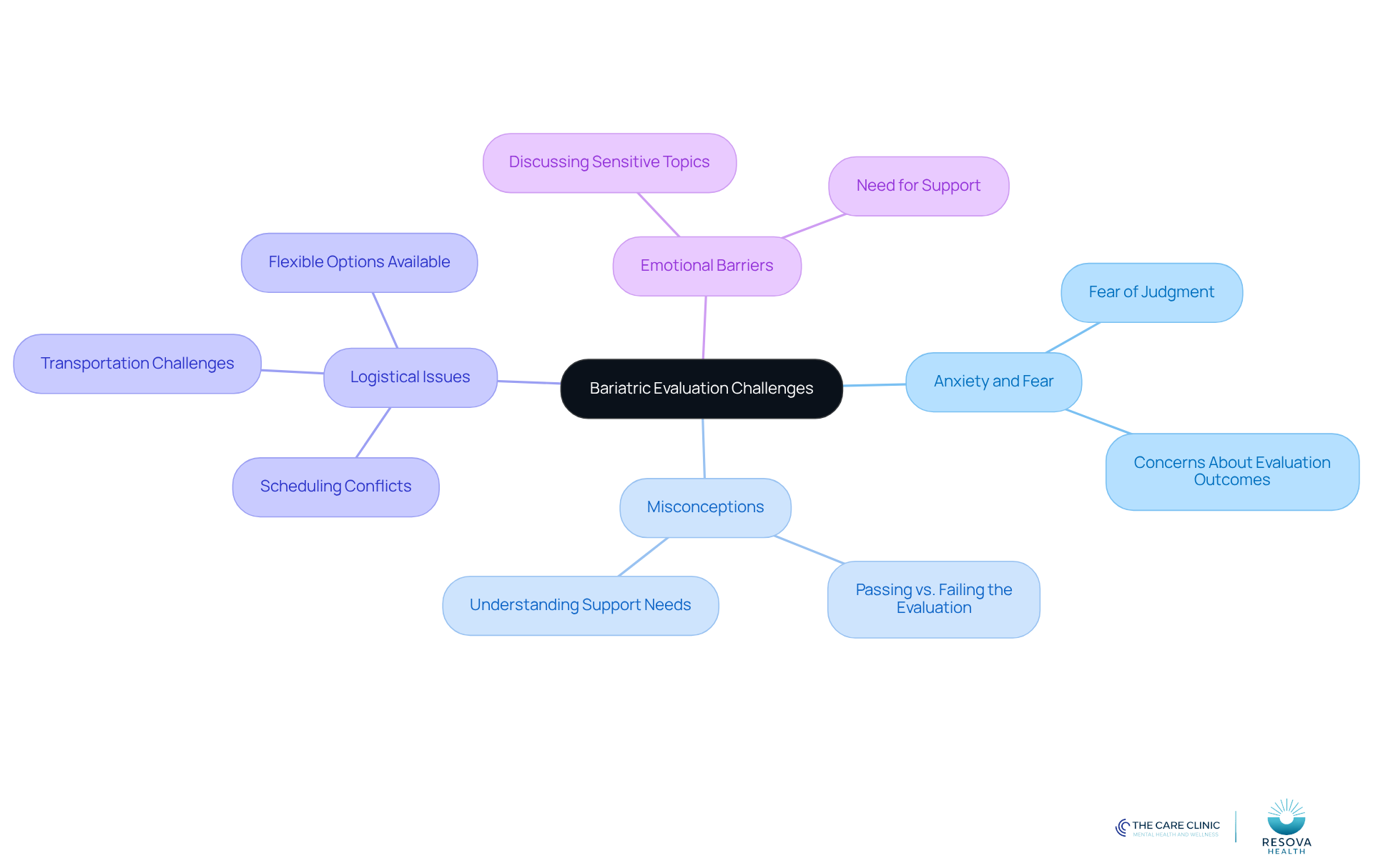 The center represents the main topic, while the branches show different challenges candidates may face. Each color-coded branch helps you quickly identify the type of challenge and its related points.