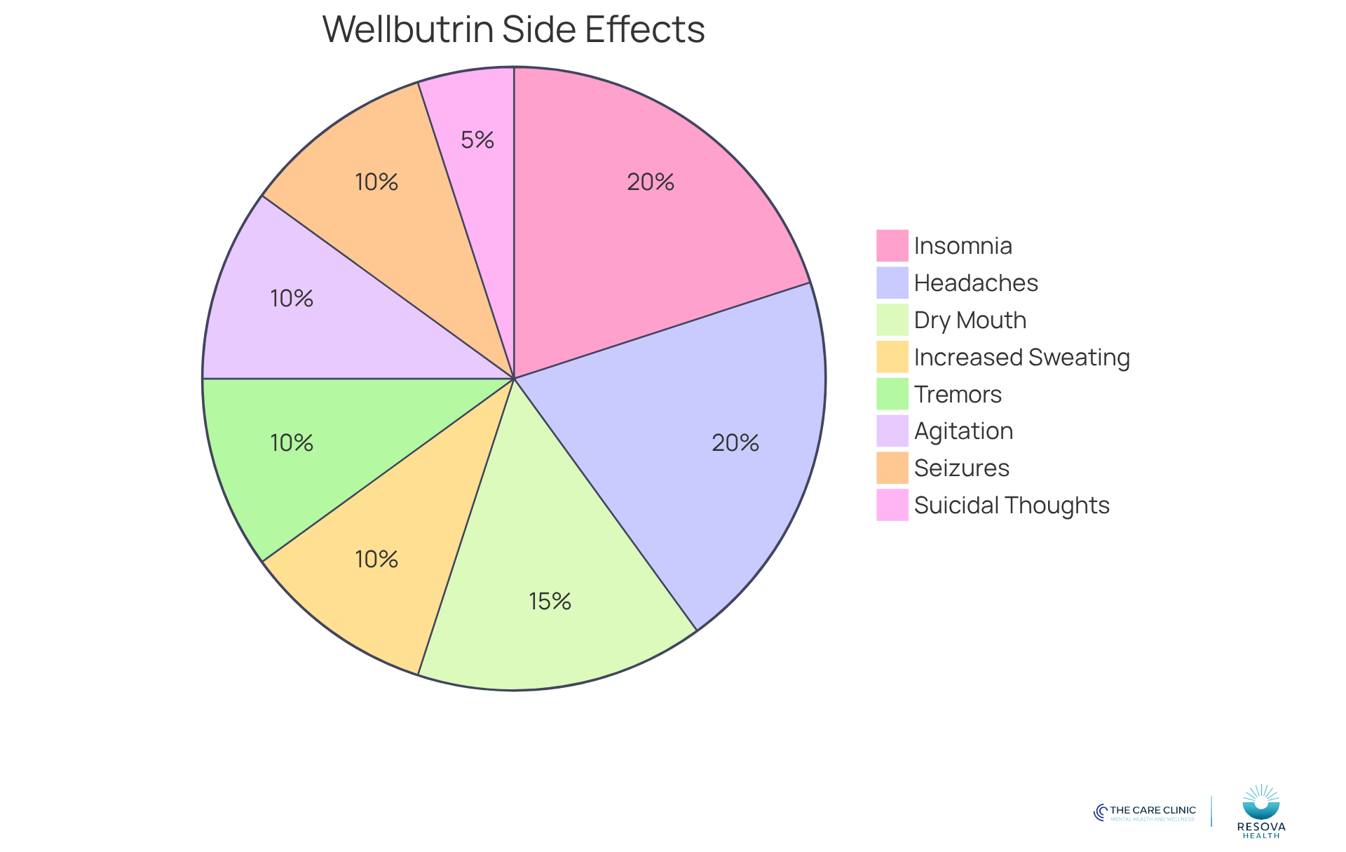 The chart shows the breakdown of side effects and risks associated with Wellbutrin. The larger the slice, the more common the side effect or risk. Common side effects are in light blue, while serious risks are in dark red, highlighting their importance.
