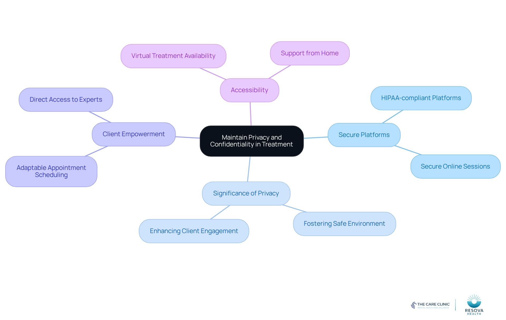 The central node represents the main theme of privacy in treatment, while the branches show different aspects that support this theme. Each color-coded branch helps you understand how these elements connect to the overall goal of maintaining confidentiality.
