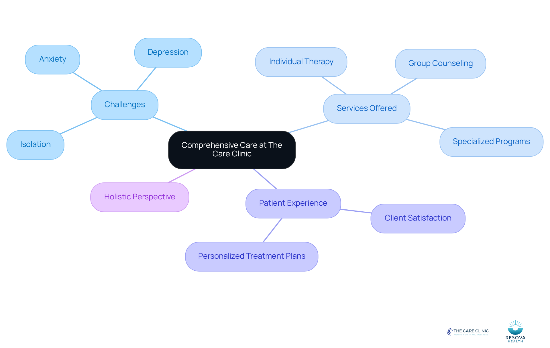 Start at the center with the main theme of comprehensive care, then explore the branches to see the challenges faced, services provided, and the overall patient experience.