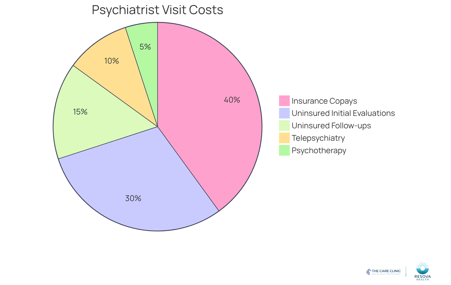 Each segment of the pie shows the average cost range for different types of psychiatrist visits. The larger the segment, the more common or significant that cost category is in the overall picture. Each segment of the pie shows the average cost range for different types of psychiatrist visits. The larger the segment, the more common or significant that cost category is in the overall picture.