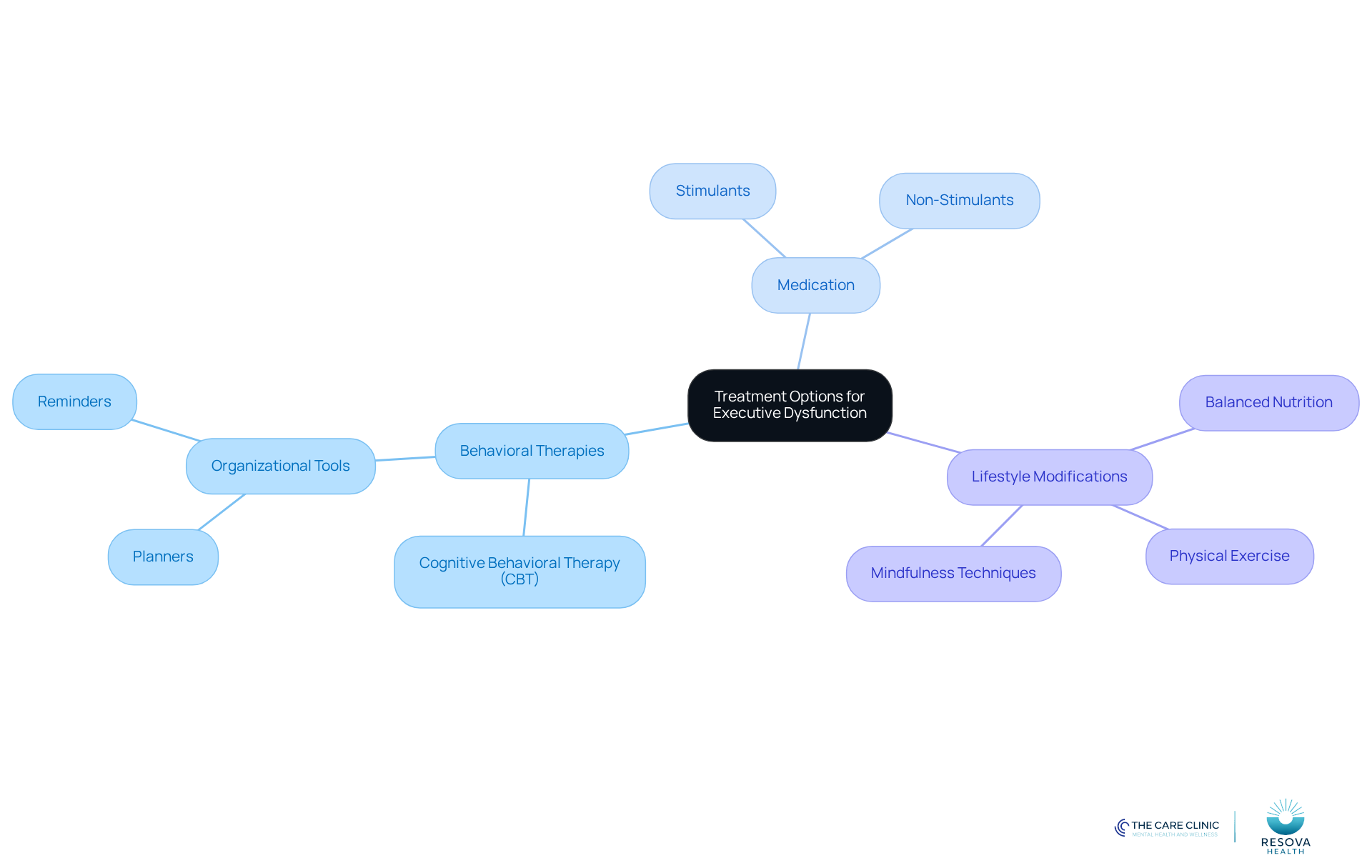 The central node represents the overall topic, while the branches show different treatment categories. Each sub-branch provides specific strategies or types of treatment, illustrating how they contribute to managing executive dysfunction. The central node represents the overall topic, while the branches show different treatment categories. Each sub-branch provides specific strategies or types of treatment, illustrating how they contribute to managing executive dysfunction.