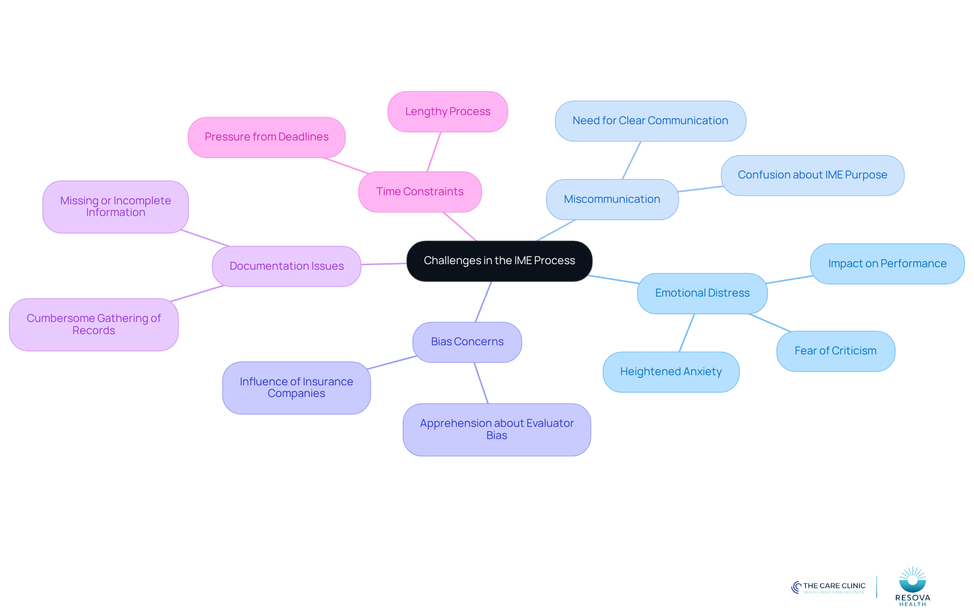 The central node represents the overall challenges in the IME process. Each branch highlights a specific challenge, and the sub-branches provide more details or examples. This layout helps you visualize the complexities and interconnections of the challenges faced.