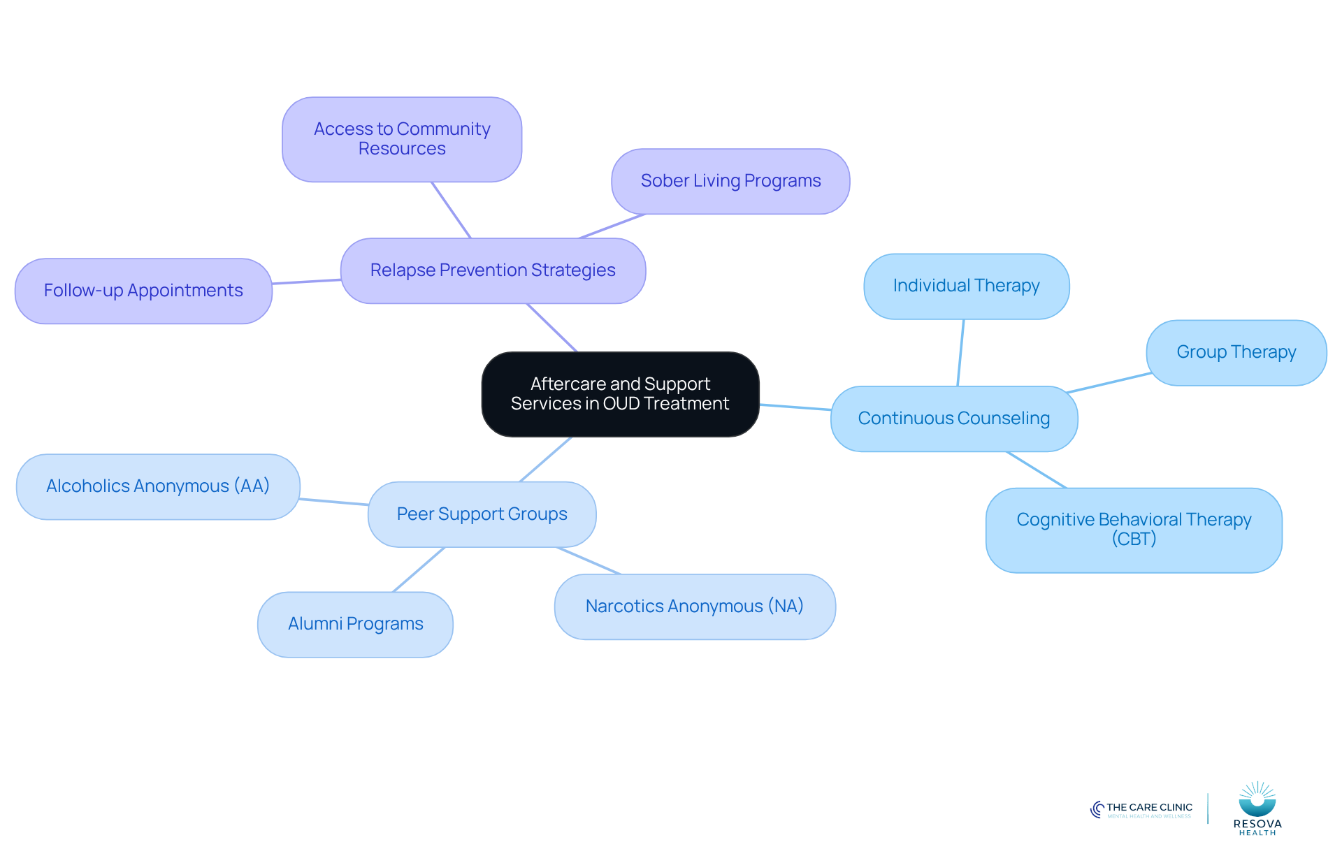 The central node represents the main topic of aftercare services, while the branches show different types of support available. Each sub-branch provides more detail about specific services, illustrating how they contribute to recovery. The central node represents the main topic of aftercare services, while the branches show different types of support available. Each sub-branch provides more detail about specific services, illustrating how they contribute to recovery.