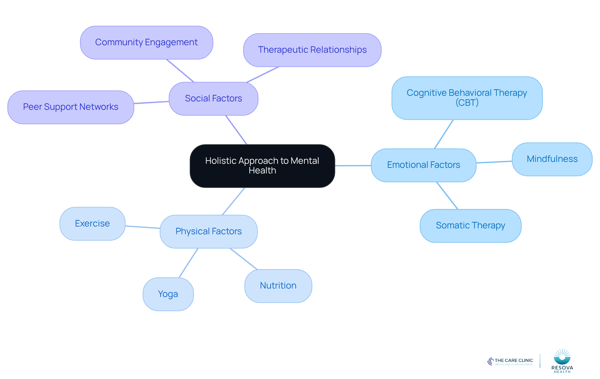 The center represents the holistic approach, while the branches show the different factors and methods that contribute to mental well-being. Each color-coded branch helps you understand how these elements work together.