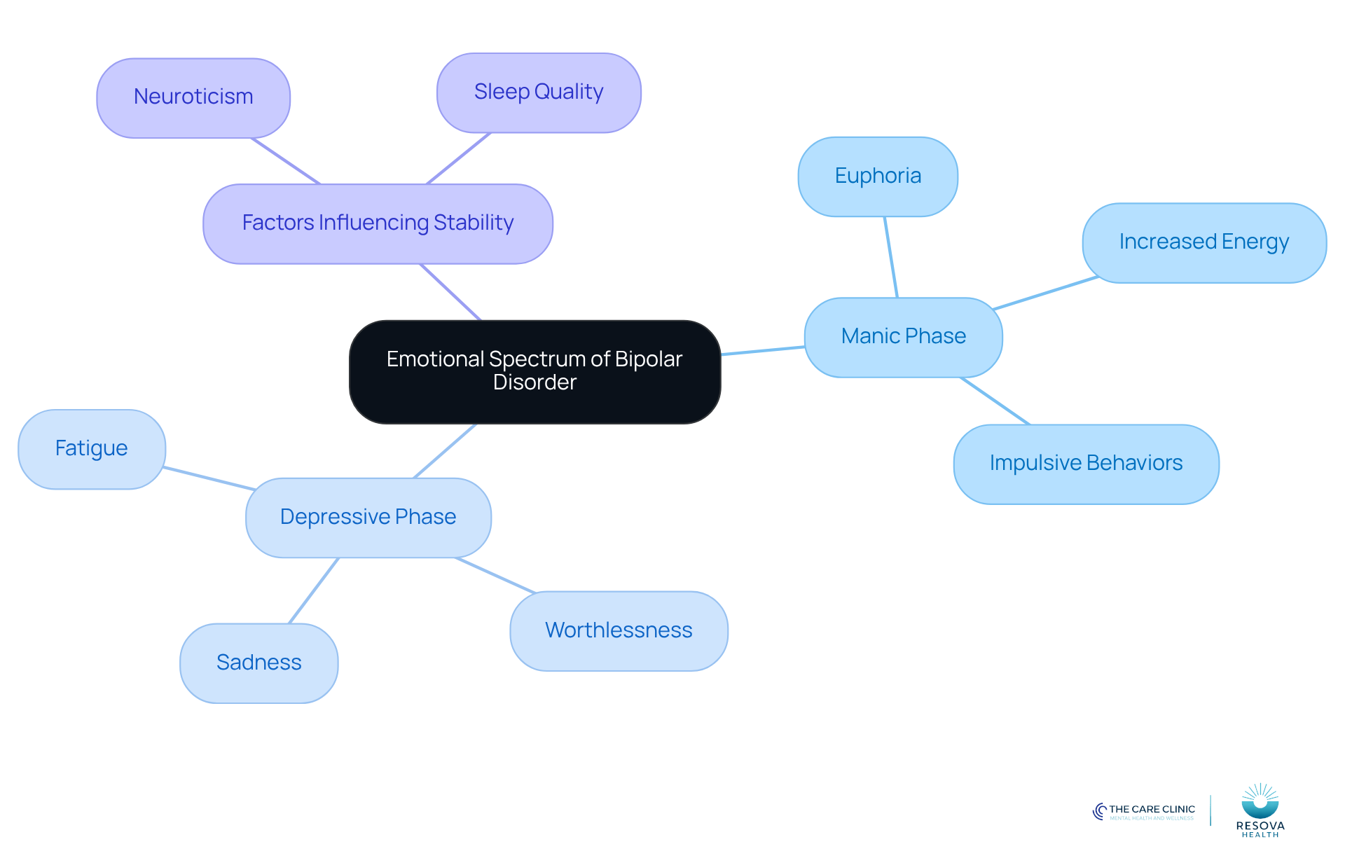 The central node represents the overall topic, while the branches show the different emotional phases and their characteristics. Each color-coded branch helps you easily identify the key aspects of bipolar disorder's emotional spectrum.