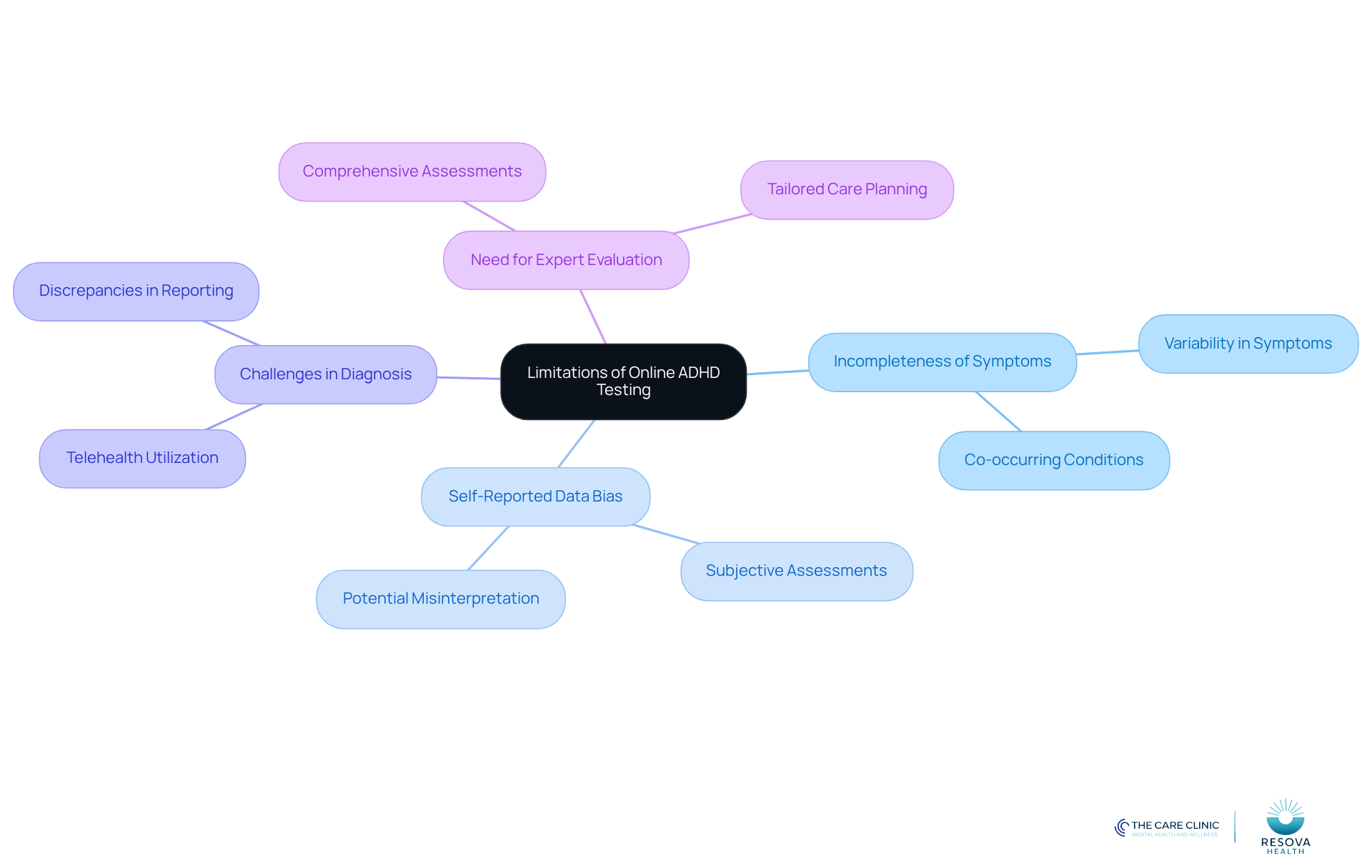 The central node represents the main topic, while the branches illustrate various limitations and considerations. Each branch connects to specific points that elaborate on the challenges of online testing and the importance of expert evaluations. The central node represents the main topic, while the branches illustrate various limitations and considerations. Each branch connects to specific points that elaborate on the challenges of online testing and the importance of expert evaluations.