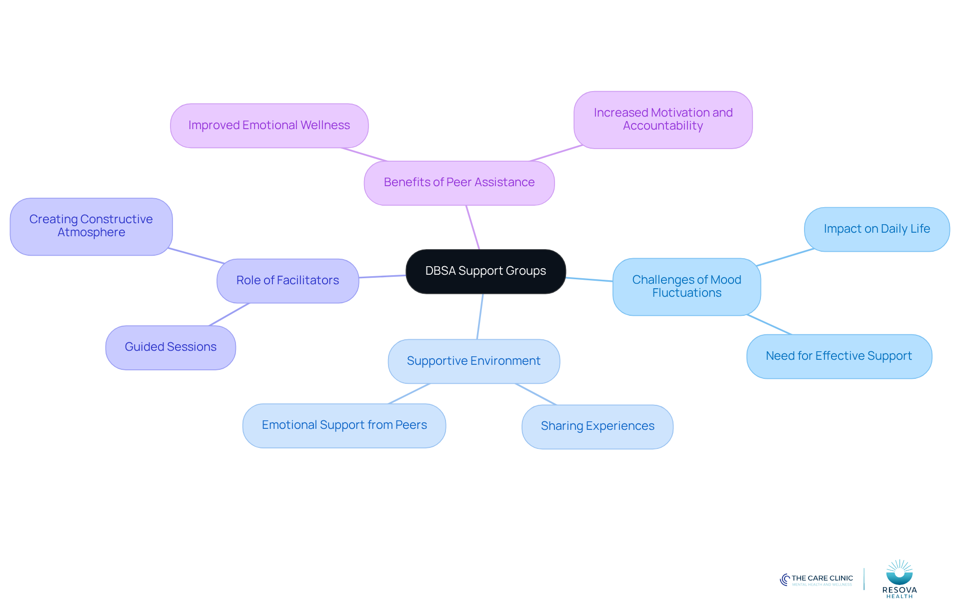 The center represents DBSA's support groups, with branches showing the challenges they address, the supportive environment they create, the role of trained facilitators, and the benefits participants gain from peer assistance. The center represents DBSA's support groups, with branches showing the challenges they address, the supportive environment they create, the role of trained facilitators, and the benefits participants gain from peer assistance.