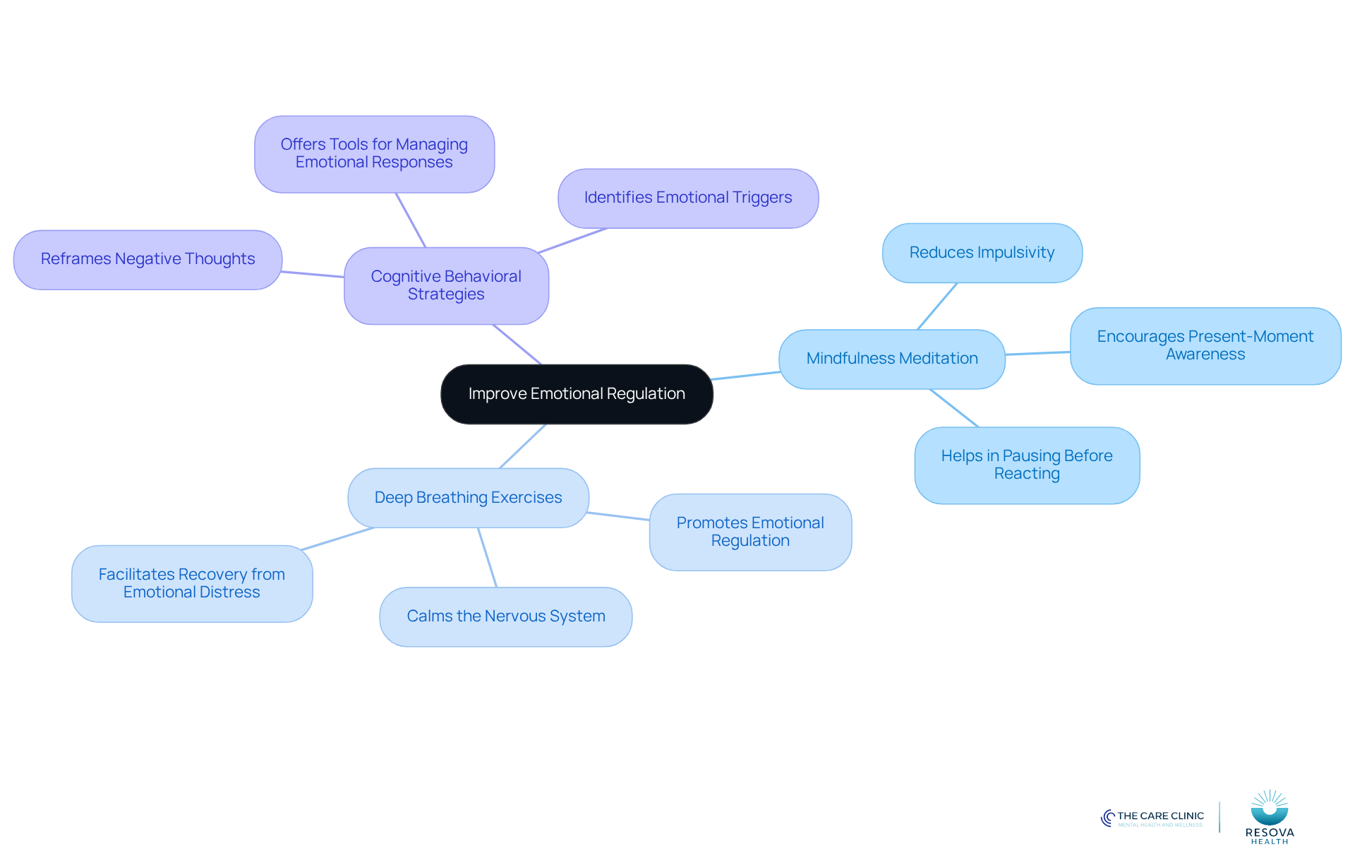The central node represents the goal of improving emotional regulation. Each branch shows a technique that can help achieve this goal, with further details available on the sub-branches. The central node represents the goal of improving emotional regulation. Each branch shows a technique that can help achieve this goal, with further details available on the sub-branches.