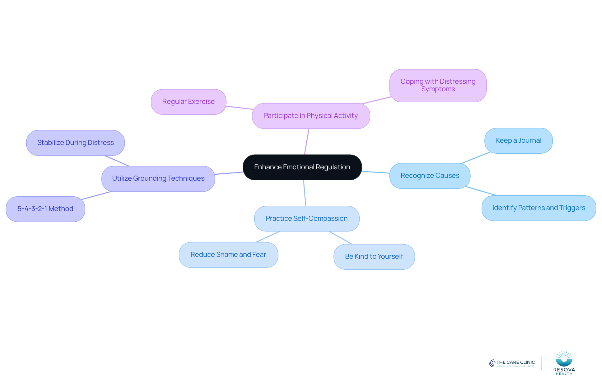 The central idea is about improving emotional regulation. Each branch represents a strategy you can use, and the sub-branches provide more details on how to implement each strategy. The central idea is about improving emotional regulation. Each branch represents a strategy you can use, and the sub-branches provide more details on how to implement each strategy.